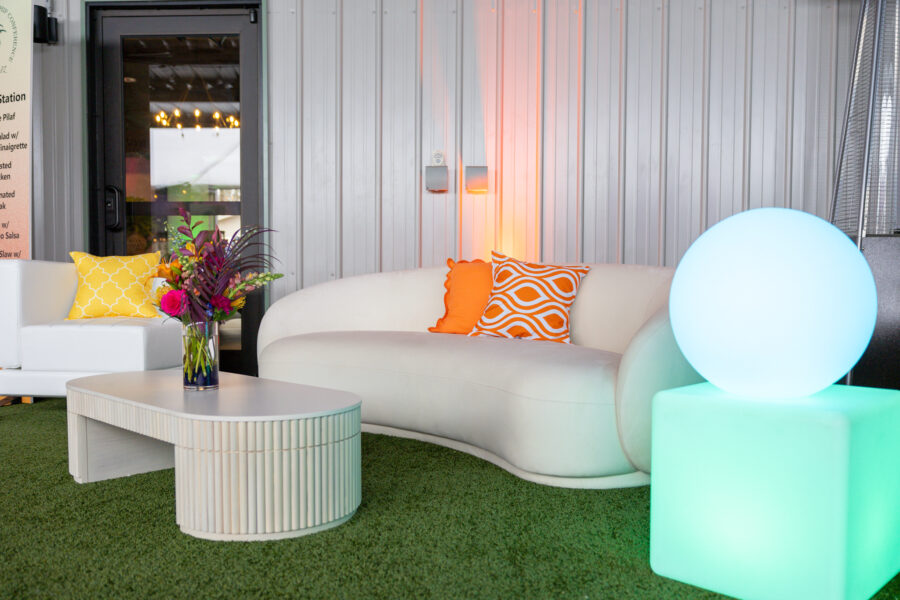 Furniture_Event Rentals_White Modern Sofa_Neon Decor_Soft Seating
