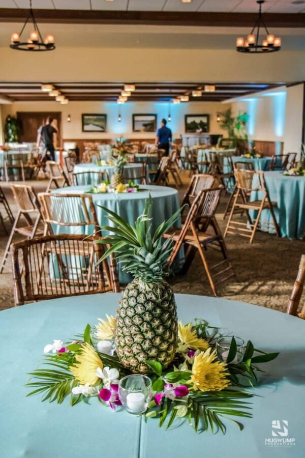 Tropical-Themed-Event-Table-Decor-Pineapple-Floral-Centerpieces