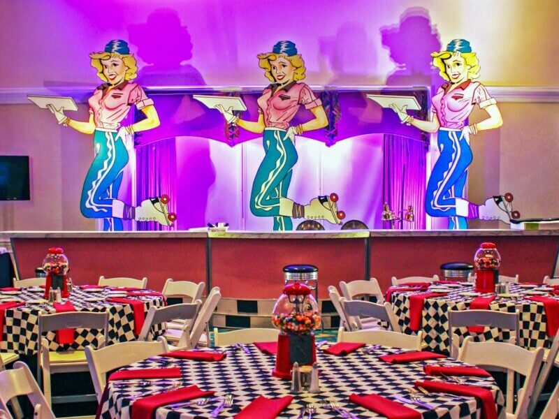 bubble gum machine decor with checkered table linens 