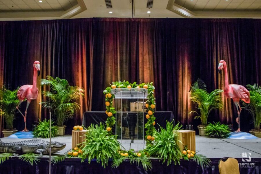 Florida-Themed-Event-Stage-Set-Up-Flamingo-Prop