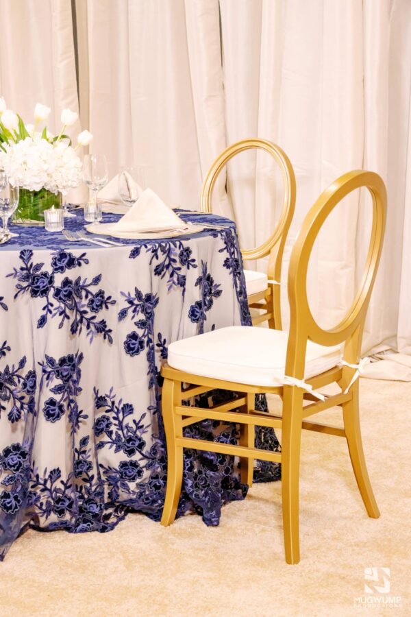 Gold-Oval-Back-Wedding-Chair-Blue-Floral-Wedding-Linens