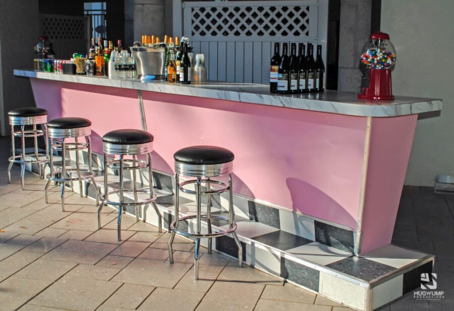 Pink_Bar_Black_Stools_50s_Theme_Event_Decor_Rentals_Jacksonville