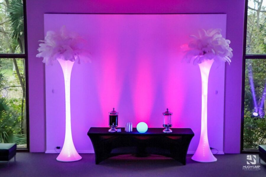 Pink-Event-Lighting-White-Ostrich-Feather-Decor