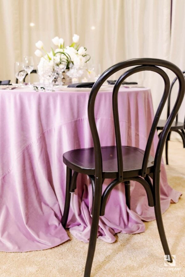 Pink-Table-Linen-Black-Chair-Rental